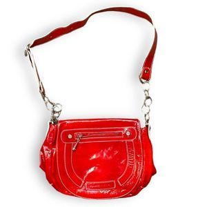 Plinio Visona Red Patent Leather Silver Chain Strap Crossbody Shoulder Bag